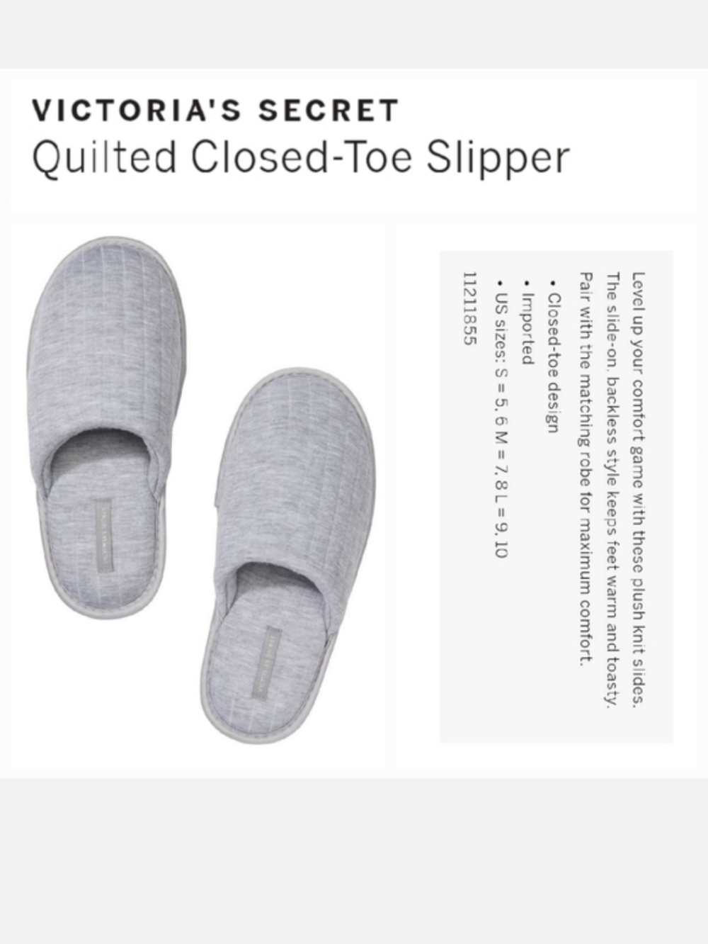 Victoria's secret quilted closed toe slippers cozy house shoes GRAY LARGE 9 10